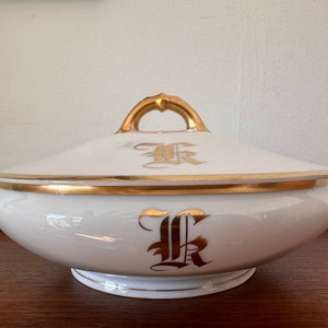 Antique Haviland COVERED BOWL from France, monogram white w/gilded gold trim/vegetable/soup/rice/side dish bowl with two handles