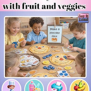 Actividad de manualidades con caras de panqueques / Práctica de corte con temática de comida / Centro de cocina para juegos de rol / Habilidades motoras finas / Preescolar y jardín de infantes