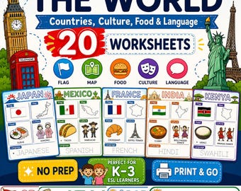 世界一周ESLワークシート｜国、文化、食べ物、言語アクティビティ（子供向け）｜地理プリント