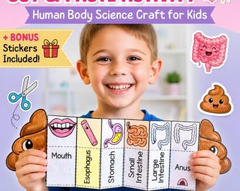 消化器系の切り貼りアクティビティ｜子供向け人体科学工作｜印刷可能なワークシート＋ボーナスステッカー