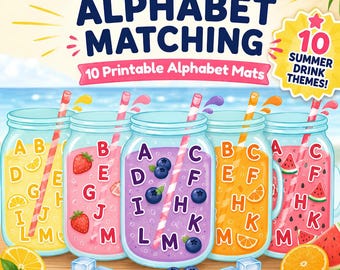 アルファベットの氷キューブ文字マッチング｜夏の読み書きセンターアクティビティ｜就学前児童・幼稚園児向け文字認識プリント