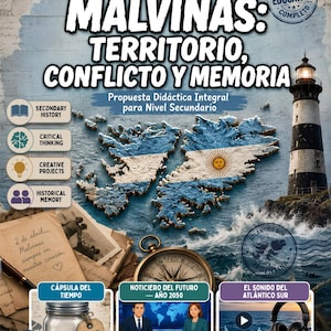 May include: Educational poster titled "MALVINAS: TERRITORIO, CONFLICTO Y MEMORIA" with a map of the Falkland Islands and Argentina's flag. Includes a lighthouse, compass, and text boxes with educational themes. The poster is designed for secondary school students.