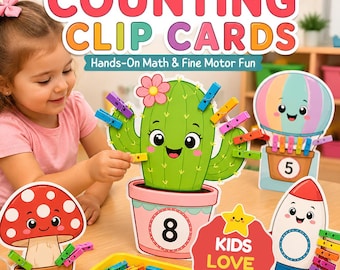 かわいい数え方クリップカード（印刷可能）｜幼児向け算数センター｜未就学児・幼稚園児向けの数字認識と微細運動能力のアクティビティ