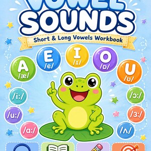 May include: A colorful workbook titled "Vowel Sounds" for short and long vowels. The cover features a friendly green frog, vowel letters in circles, and icons for listening, reading, worksheets, and phonics practice. The background is light blue with star accents.