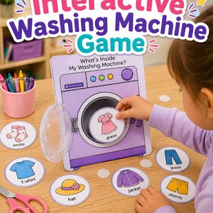 May include: An educational "Washing Machine Game" for early learners. The game features a purple washing machine with clothing vocabulary cards, including a dress, T-shirt, and jeans. Designed for hands-on learning and ESL centres.