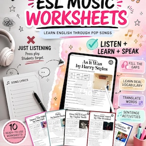 May include: An educational resource for teens, featuring ESL music worksheets. The image displays a tablet with a worksheet, song lyrics, and several ready-to-use worksheets. The text includes "Learn English Through Pop Songs."