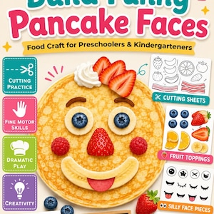 May include: A food craft kit for preschoolers and kindergarteners, featuring a pancake decorated with fruit to create a face. Includes cutting sheets, fruit toppings, and silly face pieces for creative play and fine motor skills.