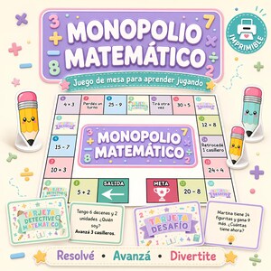 Könnte beinhalten: Ein druckbares Mathe-Brettspiel mit dem Titel Monopolio Matemático, bestehend aus einem bunten Spielbrett mit Rechenaufgaben, nummerierten Feldern und Spielkarten. Enthält drei bleistiftförmige Spielfiguren und Aufgabenkarten.