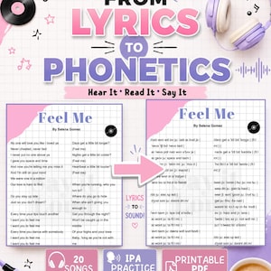 Könnte beinhalten: Ein Studienarbeitsbuch mit dem Titel "From Lyrics to Phonetics" mit einem rosa-lila Farbschema. Das Arbeitsbuch enthält Songtexte, IPA-Übungen und eine druckbare PDF-Datei. Das Bild zeigt eine Schallplatte, Kopfhörer und eine Kaffeetasse.