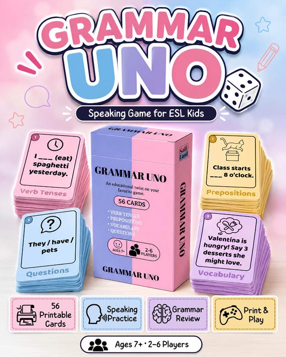 Grammar UNO ESL Speaking Game | Printable Grammar & Conversation Cards for Kids | EFL Classroom Activity