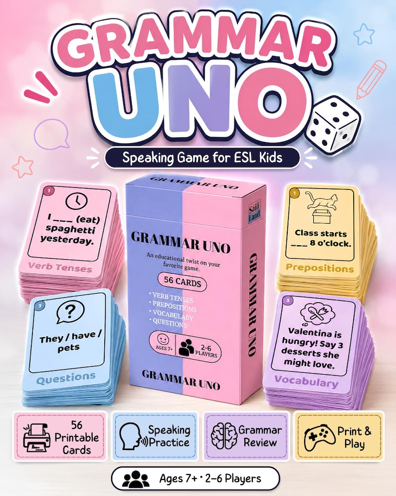 Grammar UNO ESL Speaking Game | Printable Grammar & Conversation Cards for Kids | EFL Classroom Activity image 1