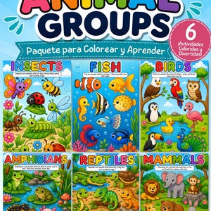 Peut inclure: Une affiche éducative colorée intitulée ANIMAL GROUPS présentant six sections : INSECTS, FISH, BIRDS, AMPHIBIANS, REPTILES et MAMMALS. Chaque section affiche des illustrations de divers animaux avec des étiquettes descriptives.