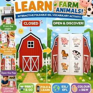 Op de afbeelding: Een interactieve, opvouwbare ESL-woordenschatactiviteit genaamd "Open the Barn & Learn Farm Animals!". De omslag toont een rode schuur met de tekst "CLOSED" en opent om illustraties van boerderijdieren te onthullen. Inclusief instructies om te printen, vouwen en leren.