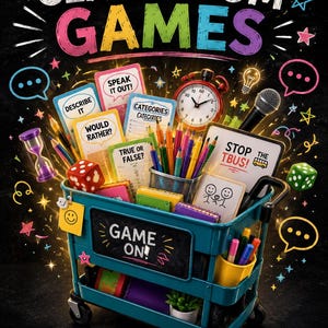 May include: A teal rolling cart filled with classroom game supplies, including cards labeled "Describe It," "Speak It Out!," "Would Rather?," "Categories," "True or False?," and "Stop the Tbus!," a red alarm clock, a microphone, dice, and colored pencils.
