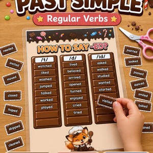 Puede incluir: Un cartel educativo titulado PAST SIMPLE Regular Verbs con temática de chocolate. Incluye una sección HOW TO SAY -ED con columnas para sonidos /t/, /d/ e /id/, rodeado de tarjetas de verbos recortables, tijeras rosas y un zorro cocinero.