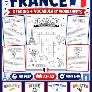 Può includere: Una raccolta di schede didattiche sulla Francia con esercizi di lettura e vocabolario, un cruciverba, testi su croissant, galli, mimi e la Torre Eiffel, completi di illustrazioni di icone francesi e domande a risposta multipla.