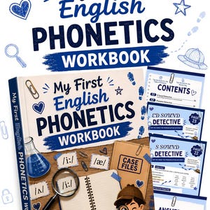 May include: A My First English Phonetics Workbook with a detective theme, featuring a magnifying glass, a notebook, and phonetic symbol cards. The cover displays the title, a beaker, and a cartoon character holding a magnifying glass.