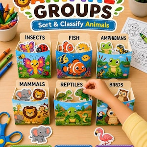 Może przedstawiać: Edukacyjna gra w sortowanie zatytułowana ANIMAL GROUPS Sort & Classify Animals, składająca się z sześciu kartonowych pudełek z napisami Insects, Fish, Amphibians, Mammals, Reptiles i Birds. Każde pudełko zawiera kolorowe wycinanki zwierząt.
