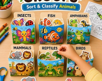 幼稚園児向け動物分類アクティビティ｜動物グループ分類ポケット｜哺乳類、鳥類、爬虫類、両生類、魚類、昆虫