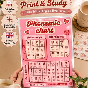 Könnte beinhalten: Ein pinkfarbenes, laminiertes britisches IPA-Phonetik-Diagramm mit Vokal- und Konsonantenabschnitten und phonetischen Symbolen. Das Diagramm trägt den Titel "Phonemic chart" und "Ready To Print & Study." Eine Tasse Tee und Aufkleber sind im Hintergrund zu sehen.