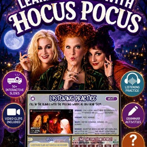 Könnte beinhalten: Werbebild für ein Englischlernprogramm mit dem Film "Hocus Pocus." Das Bild zeigt die drei Sanderson-Schwestern, interaktive Folien, Videoclips, Hörübungen, Grammatikübungen und ein Quiz.