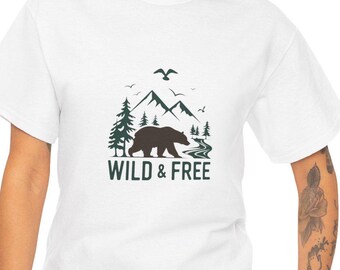 T-shirt à silhouette d'ours sauvage et libre : t-shirt au design naturel