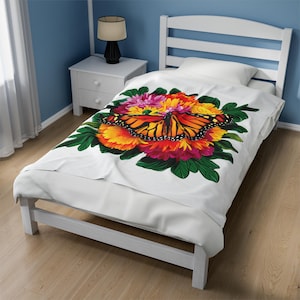Butterfly Garden Velveteen Blanket, Nature Blanket, Vibrant Monarch Butterfly Blanket, Floral Graphic, Gift for Monarch Butterfly Lover