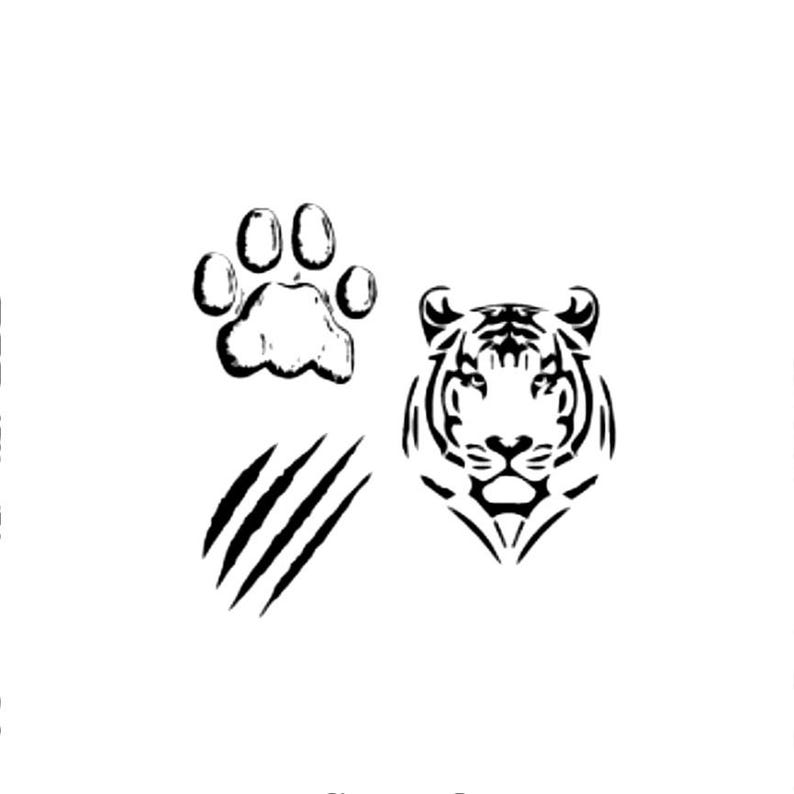 May include: Black and white graphic elements on a white background. The image includes a tiger paw print, three claw marks, and a detailed tiger face. The tiger face is a stylized illustration with intricate line work.