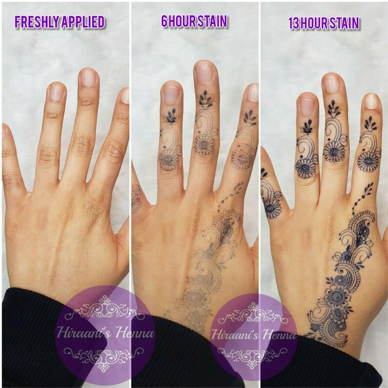 May include: A series of three images showing the progression of henna stain on a hand. The first image shows freshly applied henna, the second shows a 6-hour stain, and the third shows a 13-hour stain with intricate floral designs.