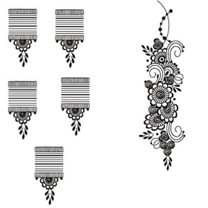 May include: Black and white henna tattoo designs. The image features five rectangular designs with horizontal lines, floral accents, and teardrop shapes. A separate, elongated floral design with swirls and flowers is also present.