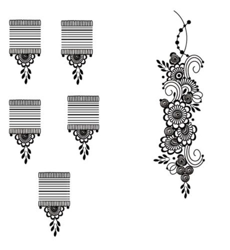 May include: Black and white henna tattoo designs. The image features five rectangular designs with horizontal lines, floral accents, and teardrop shapes. A separate, elongated floral design with swirls and flowers is also present.