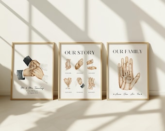 May include: Three framed art prints with watercolour illustrations. One shows clasped hands, another displays hand gestures with dates, and the last depicts a parent's hand holding a child's. Text includes "Our Story" and "Our Family."