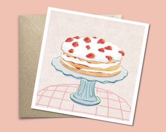 Carte Gâteau aux fraises 14,5 x 14,5 cm - Fait main - Recyclable