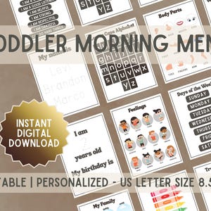 May include: A collection of printable educational cards for toddlers, featuring the text "Toddler Morning Menu." Cards include alphabet, feelings, days of the week, and tracing activities. The size is US Letter 8.5"x11".