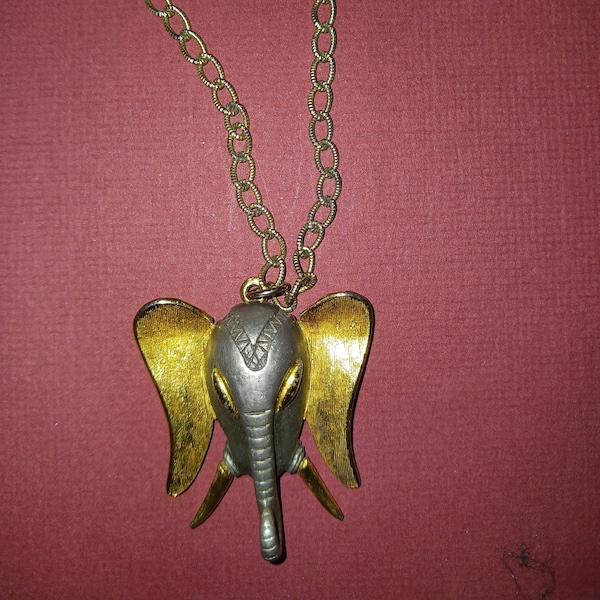 Vintage Marked "Razza" Gold/Silver Tone Elephant Pendant 17" Necklace