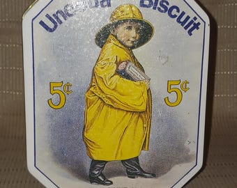 Octagonal Tin-Nabisco "Uneeda Biscuit"-Boy in Raincoat