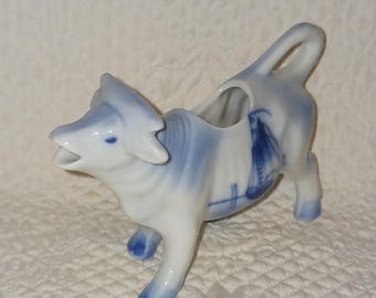 German Delft Cow Creamer with Sailboat Motif