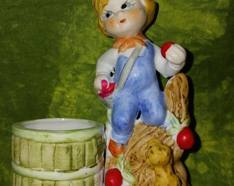 Jasco Hand-Painted "Little Luvkins"-Bisque Porcelain-Boy with Dog Figurine/Votive Holder