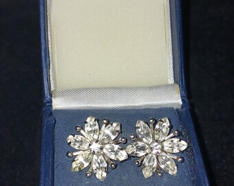 Flower Rhinestone Earrings Sterling Silver with Screwback