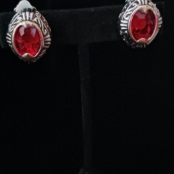 Ornate Gold-Tone and Red Cabochon Earrings