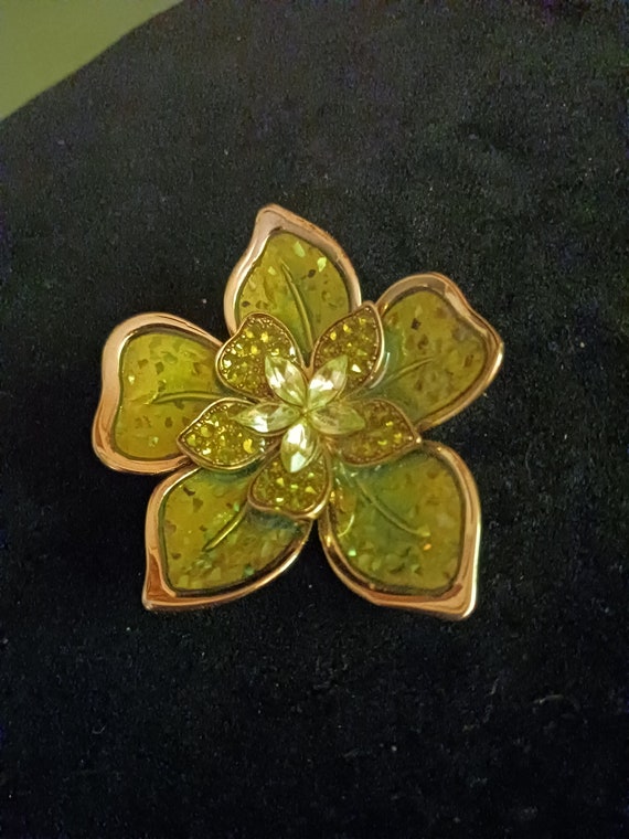 Monet Retro Gold and Green Enamel Flower Brooch w… - image 1