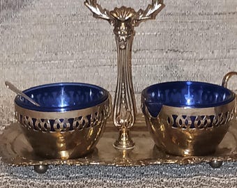 Jarra para crema y azucarero de plata con detalles en azul cobalto y bandeja - Hecho en Inglaterra