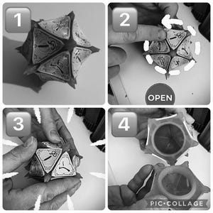 May include: A four-step guide on how to open a geometric, multi-sided box. The box is made of a dark material and has a white design on each side. The steps are numbered 1 through 4. The word "OPEN" is printed on the bottom of the box in step 2.