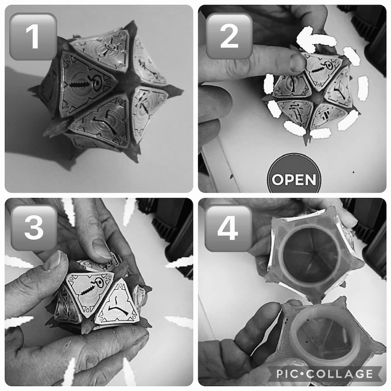 May include: A four-step guide on how to open a geometric, multi-sided box. The box is made of a dark material and has a white design on each side. The steps are numbered 1 through 4. The word "OPEN" is printed on the bottom of the box in step 2.