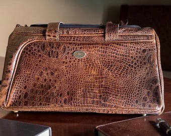 Brown Croc Embossed Leather Duffel Bag: 20" Weekender