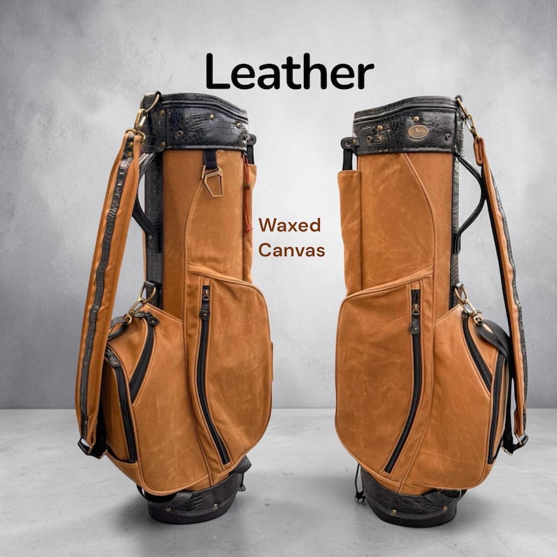 May include: Two golf bags made from waxed canvas and leather. The bags are light brown with black leather accents and zippers. The word "Leather" is printed at the top, and "Waxed Canvas" is printed on the side.
