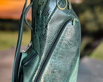 LEATHER Golfbag, Green Real Cow Leather ,Embossed Croc belly Medium size36”x11x17 cart bag Real Leather, “Head covers” sold separately!