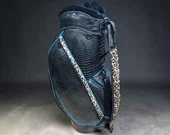 Leather Golf Bag Black Croc Jaguar Accents cart bag one of a kind custom