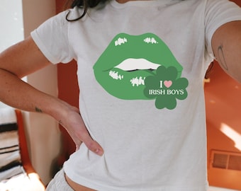 Baby Tee Y2K St Patricks Day, I Love Irish Boys Shirt, Irish Crop Top, Kiss Me I'm Irish 90s Baby Tee, Lucky Crop Top, Downtown Girl Shirt