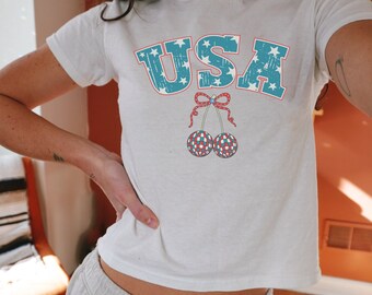 USA Baby Tee, 4th of July Baby Tee, Fourth of July Crop Top, Retro America Baby Tee, Vintage Independence Day Shirt, Disco Coquette USA Tee